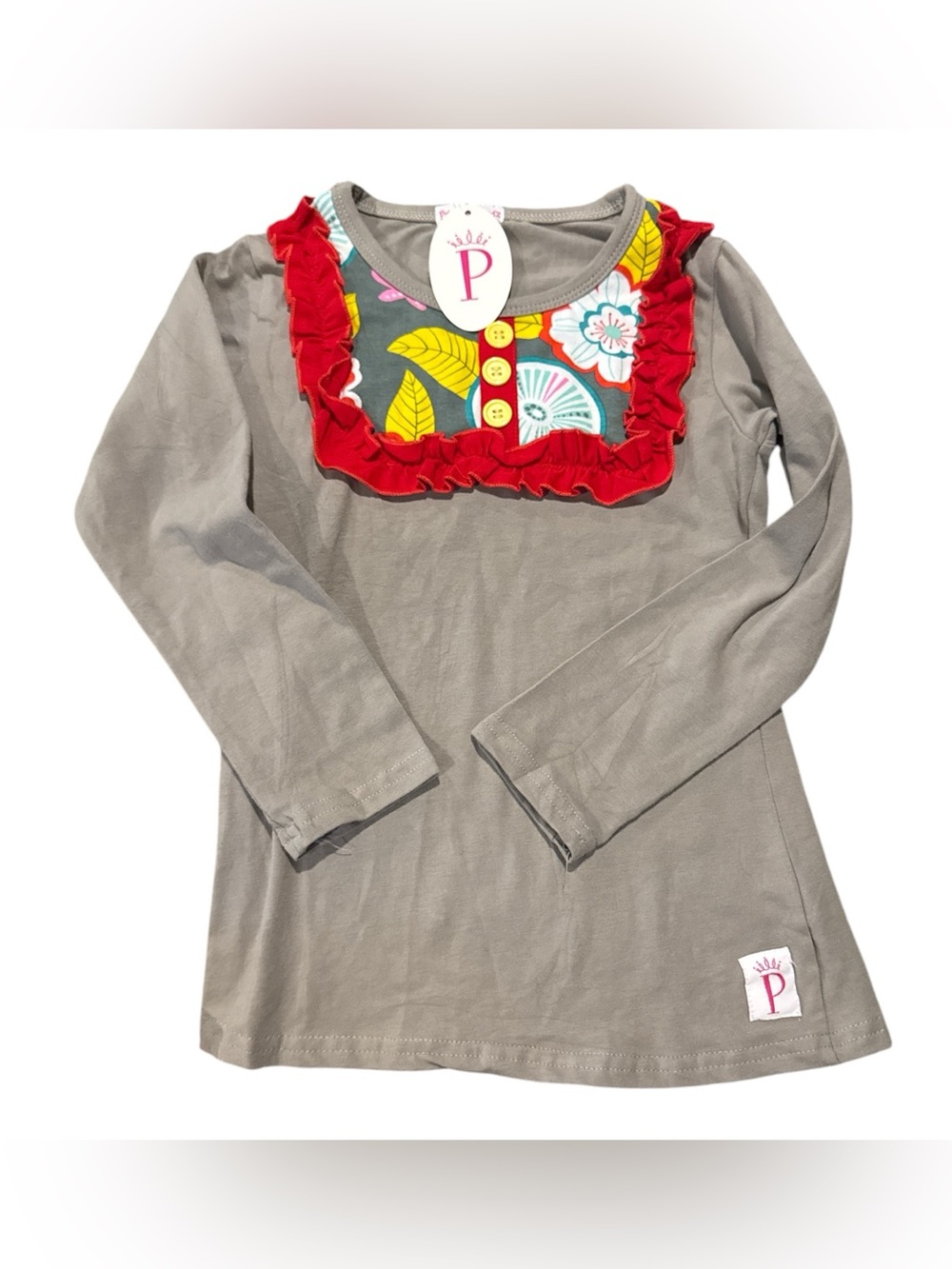 GIrls Gray Long-Sleeve Top‎ with Red Ruffle Floral Bib Girl size 7